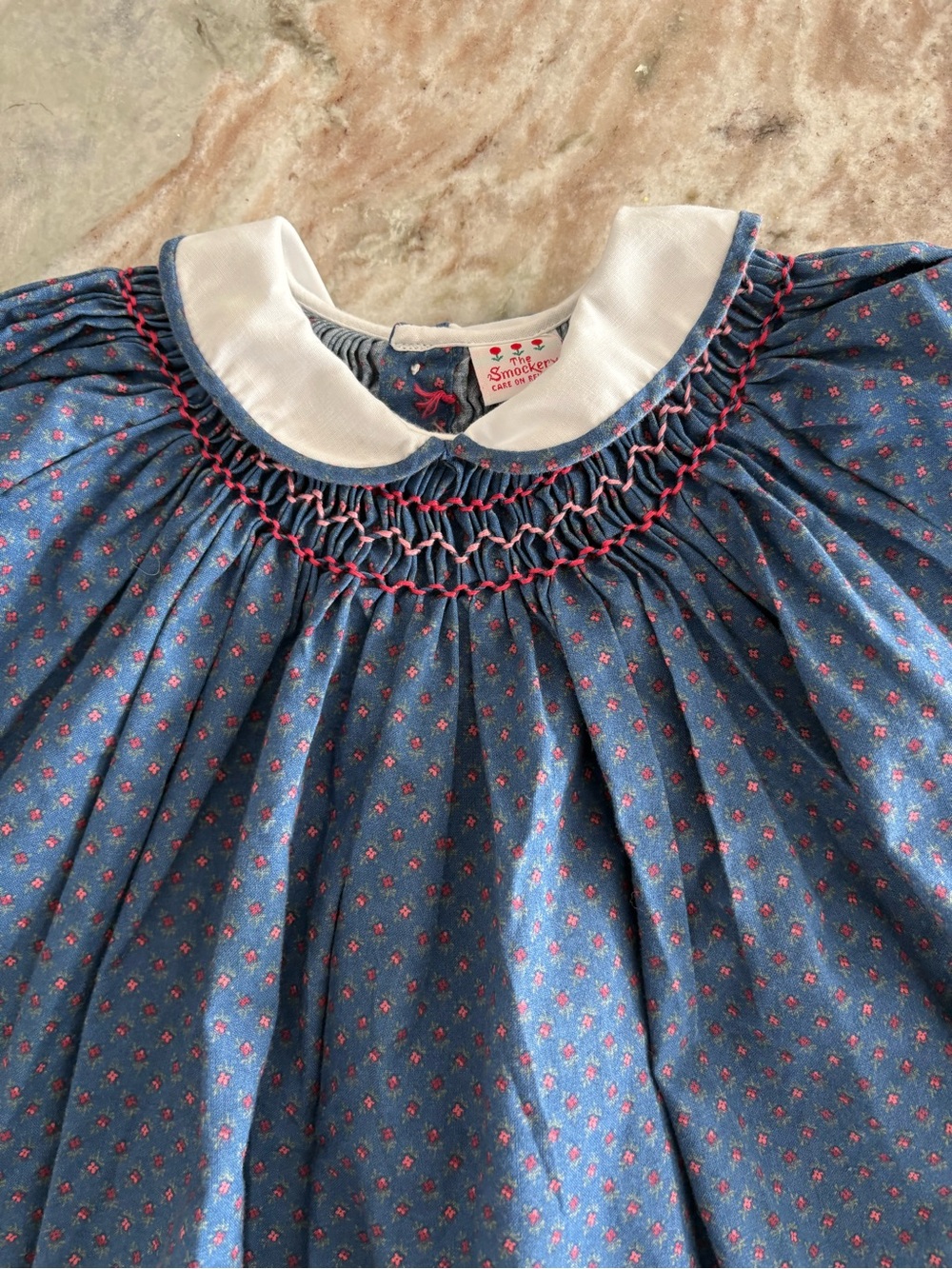 Vintage Girls The Smockery Smocked Long Sleeve Dress Size 5 Blue Fall Collar - Picture 6 of 8